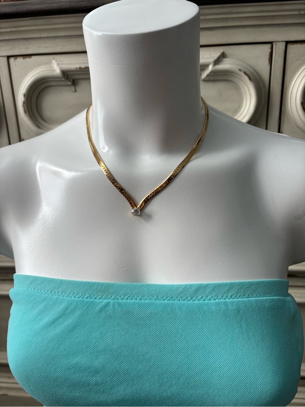 Gold Herringbone Necklace with Solitaire Pendant - Classic Women's Necklace